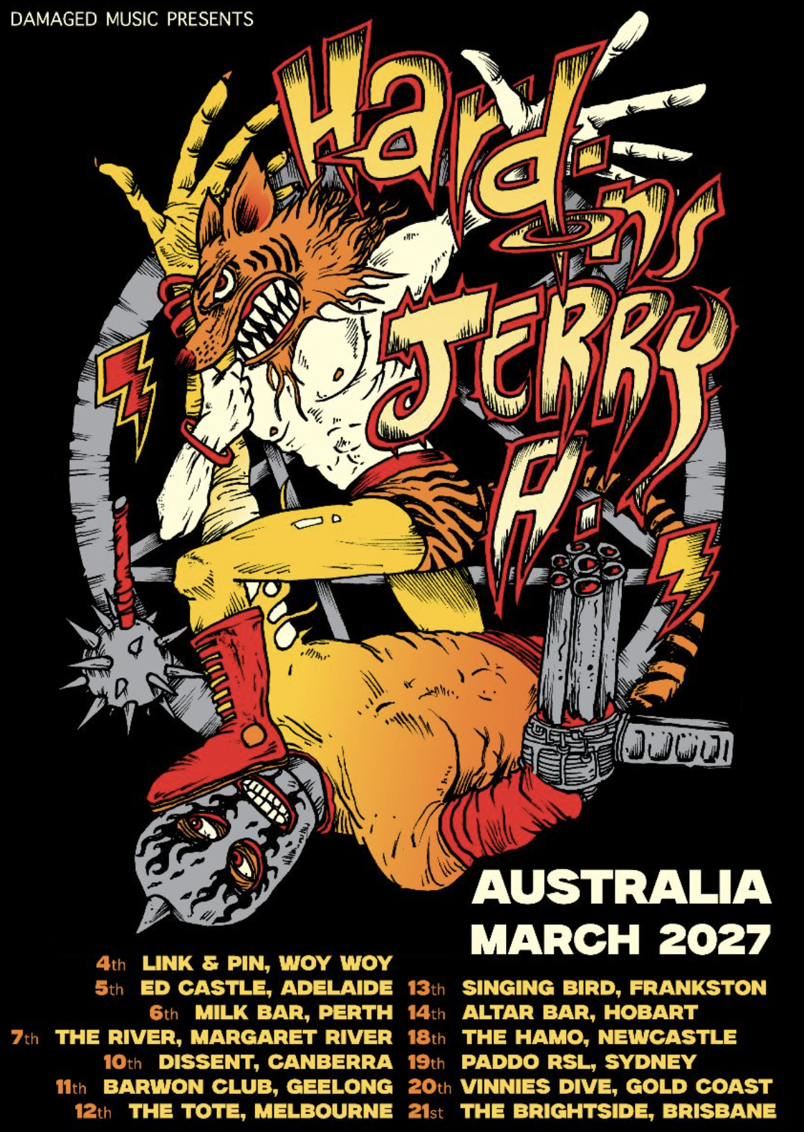 Tour poster for Hard-Ons with Jerry A. Australia March 2027 featuring illustrated artwork and tour dates.
